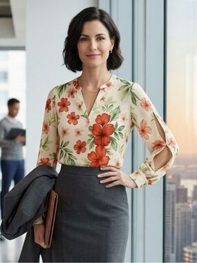 Foxcroft NY gorgeous floral blouse. Great detailing. Slit sleeves. size M.